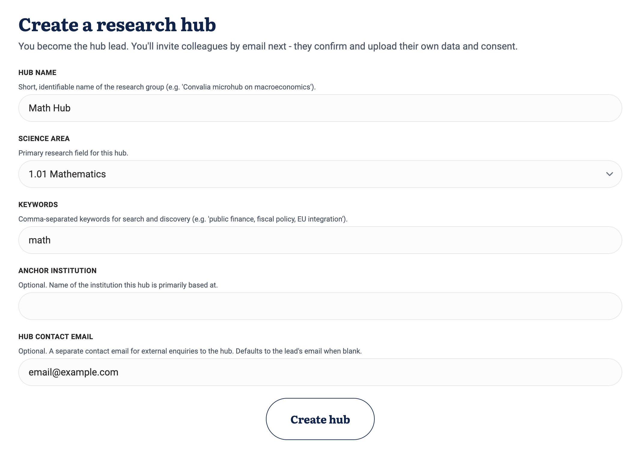 Create a research hub form filled in